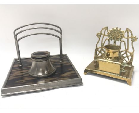 A vintage desk piece with faux tortoiseshell decoration and a small brass inkwell (no liner). No reserve.