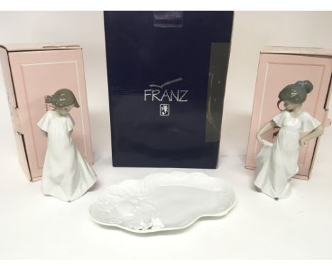 A Franz porcelain dish and two Nao porcelain figures (3)