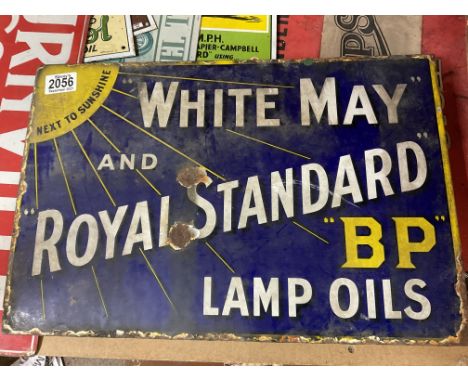 A vintage double sided White May &amp; Royal Standard BP lamp oils enamelled sign. 46 x 30.5cm