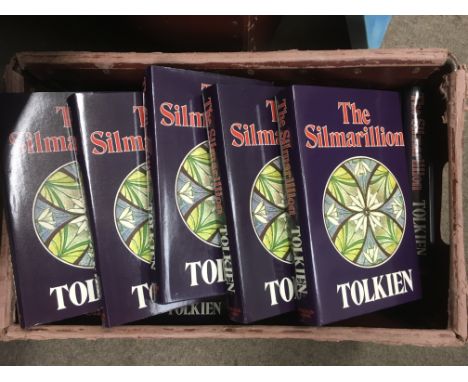A box containing a collection of 14 first edition hardback copies of The Silmarillion by JRR Tolkien together with 6 second i
