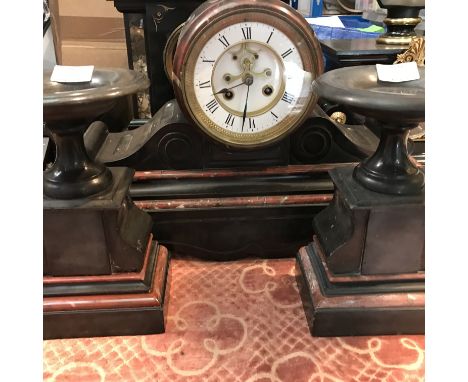 A Victorian slate mantle clock with Roman numerals, visible escapement with garniture - NO RESERVE