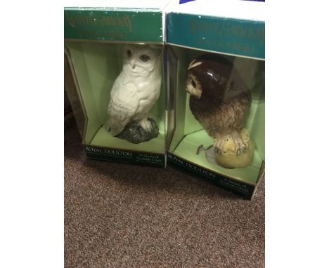 A collection of ceramic including two Royal decanters snowy owl Tawny owl a Royal Doulton Rupert figure and a Hummel plate .