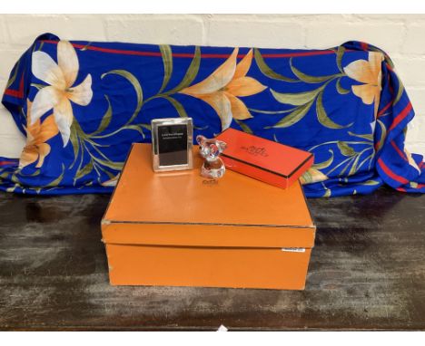 2 Vintage Hermes boxes, A vintage Christian Dior silk scarf, Daum glass elephant, and a small hallmarked silver photo frame t