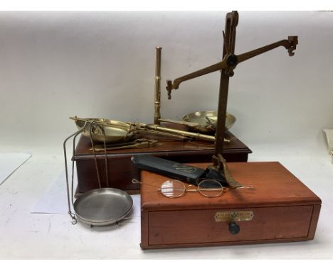 2 sets of Brass jewellery/Apothecary scales together with a pair of gold plated glasses.