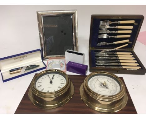 Two Vintage fountain pens cased fish knife and folk set a modern clock and barometer and other oddments (a lot)