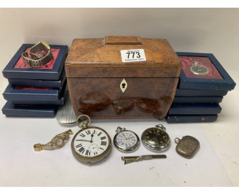 A small regency walnut veneered tea caddy together with a Goliath pocket watch, Silver Vesta case, H/M silver Shotgun tie pin