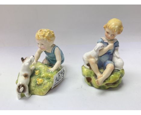 2 Royal Worcester figurines with Puce mark modelled by F.G.Doughty titled Two Babies &amp; Dandelion