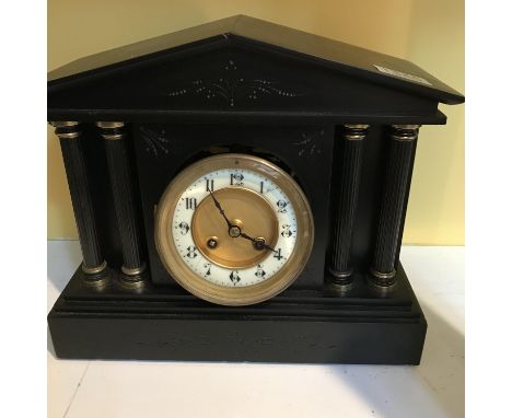 A Victorian slate mantle clock with Arabic numerals with Corinthian columns, approximately 27cm in height - NO RESERVE