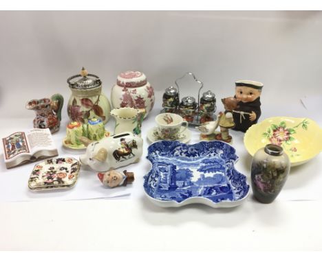 A box of various ceramics including a rare Spode paperweight, Goebel figural group of a girl, Masons ginger jar and other ite