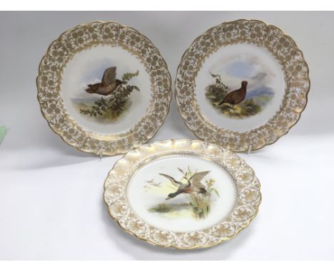 Three Royal Worcester cabinet plates with hand painted decoration of birds and having giltwork decoration to the outside, app