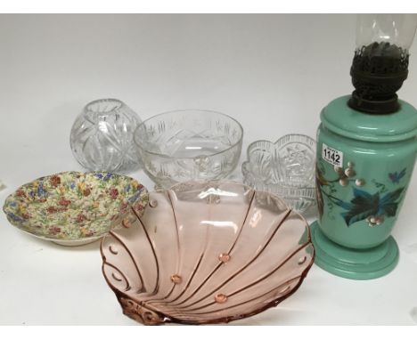 A Victorian painted glass oil lamp a Royal Winton Chintz dish glass ware and other oddments. (a lot) - NO RESERVE