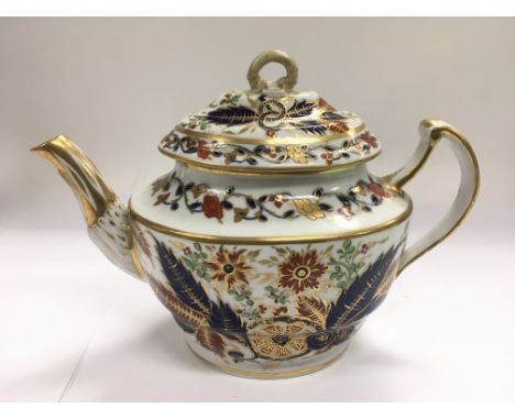 An early Chamberlains Worcester teapot with red, blue and giltwork floral decoration. Repair to lid.