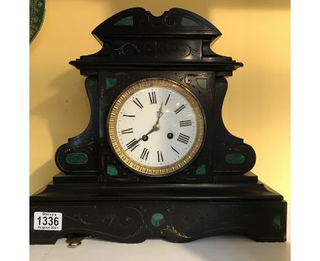 A Victorian slate mantle clock inset with green marble and a Roman numeral clock face - NO RESERVE