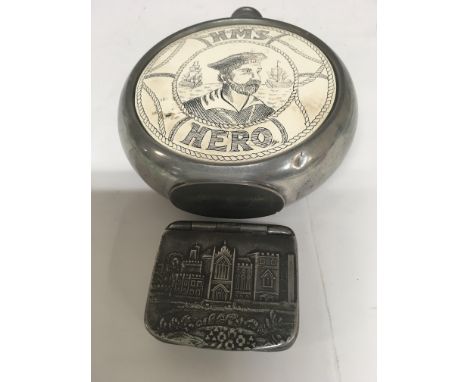 A small Pewter flask H M S hero and a pewter snuff box .