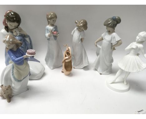 Five NAO figures, all with their original boxes. One Coalport figure, and one ballet shoe ornament.
