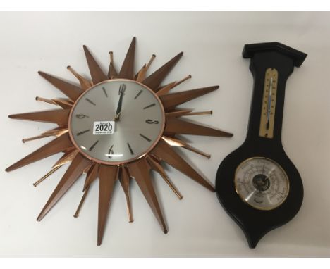 An English made Retro mahogany and copper star burst wall clock and a barometer (2)
