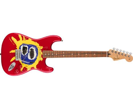A Fender 30th anniversary Primal Scream Screamadelica Stratocaster, owned and plated by Martin Duffy. Note - picture used is 