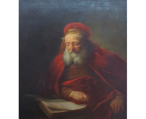 Attributed to Leonard Bramer, (School of Rembrandt), portrait of a Scholar in robes seated at a table with a book, oil on can