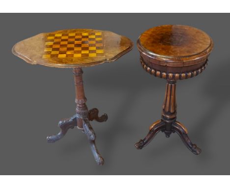 A Victorian walnut Teapoy together with a Victorian chess top games table 