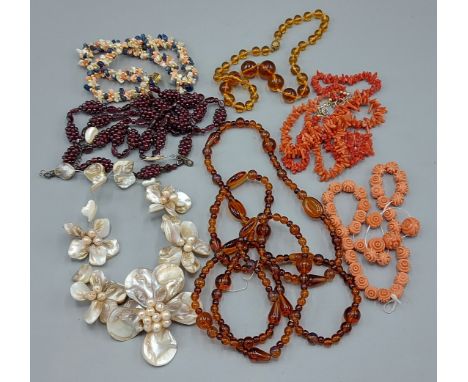 A Coral necklace together with other jewllery to include bead necklaces 