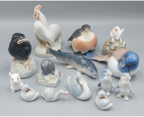 A Royal Copenhagen model of a fish together with other similar models to include Rosenthal 
