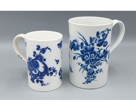 A First Period Worcester mug decorated in underglaze blue, 13cms tall together with a similar Caughley mug, 10cms tall