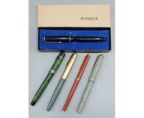 A Kaweco fountain pen together with an Osmiroid fountain pen and three parker fountain pens 