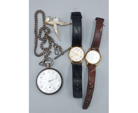 A Birmingham silver cased pocket watch together with a Tissot wristwatch, a Rotary wristwatch and a brooch