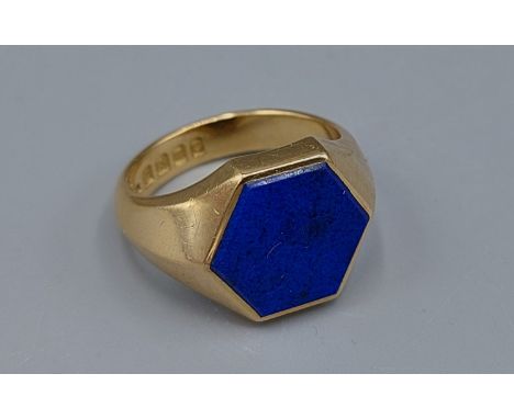 An 18ct gold Signet ring set with a hexagonal Lapis Lazuli, 12gms, ring size R