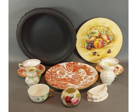 A Royal Crown Derby, Red Aves dish together with two matching cups and saucers, four items of Belleek, a Royal Worcester vase