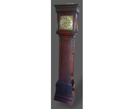 An oak longcase clock, the square hood with half turned pilasters above a rectangular door and conforming plinth base, the br