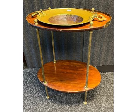 19th century wash stand, the oval gallery top with brass bowl above a conforming under tier, adjoined by brass supports [86x7