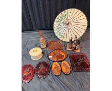 A Quantity of hand made treen items, Vintage Cadbury chocolate lidded box, White Horse advertising wooden bottle and Oriental