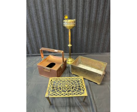 A Lot of four antique Brass and copper items to include brass ash tray stand, brass trivet stand, brass planter and copper bo