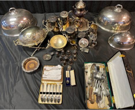 A Large quantity of silver plated and E.P Wares includes loose cutlery, ornate dome top serving tureen, Wine cooler stand, Sm