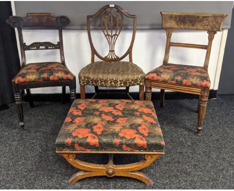 Collection of antique furniture to include chairs, mirror and pouffe [as found] 