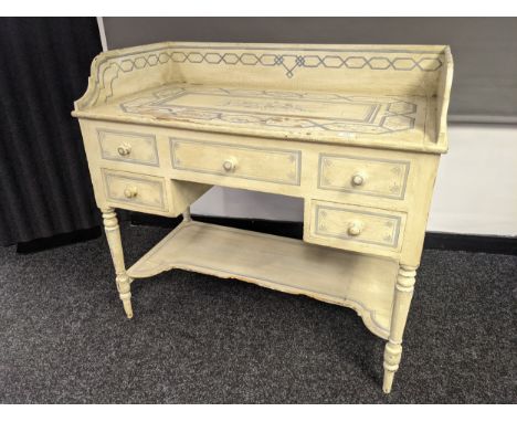 French style 19th century hand painted wash stand, the gallery top above three dummy drawers and two opening drawers, with co