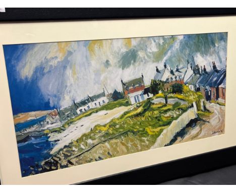 A Large Jolomo print depicting coastal village scene. [67X106CM] 