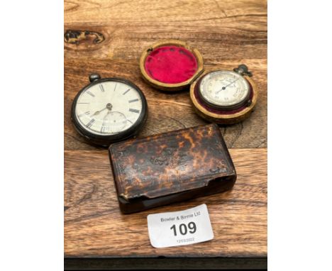 19th century snuff box, Silver pocket watch and Pocket barometer with case 