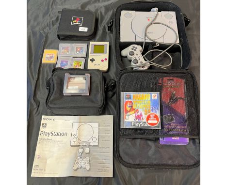 A Portable Playstation carry bag containing a playstation console, together with a Vintage Nintendo Game Boy with games.