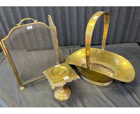 Antique brass swing handle wood basket, Brass ornate trivet stand and brass three section fire screen. 