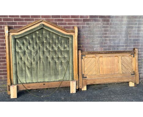 A Victorian oak gothic style double bed Button upholstered headboard Produced by John Taylor & Son Edinburgh, some pieces of 