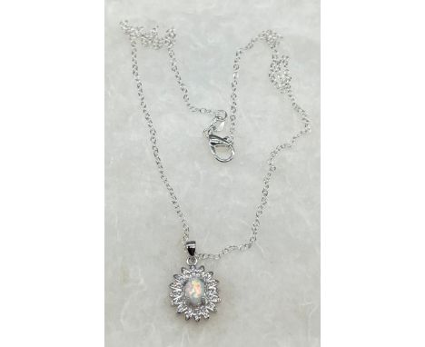 A 925 silver CZ &amp; Opal paneled pendant and necklace. 