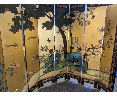Early 20th century eight-panel screen, lacquered on both sides with bird and blossom tree design [215x41cm] 