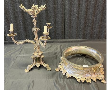 A Large plated ornate three branch candelabra centre piece together with a plated ornate centre piece cake display stand. 