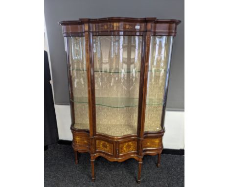 Late 19th century French Vernis Martin style cabinet, the moulded cornice and inlay and marquetry frieze above serpentine gla