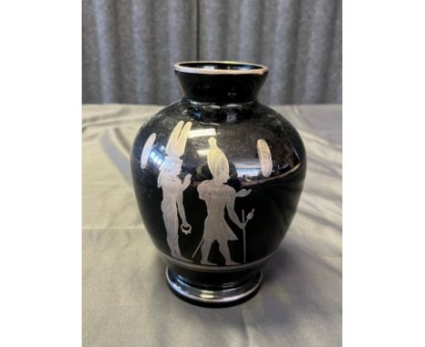 A vintage black glass and silver Egyptian inlaid figure scene [19cm in height] 