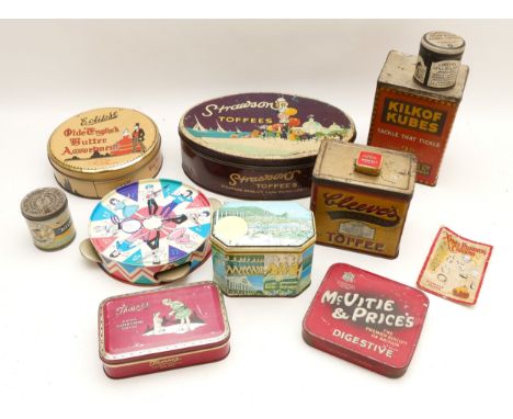 Nine advertising tins, to include, Mcvitie &amp; Price's, Strawson's Toffees, and Kilkof Kubes, amongst other brands, togethe