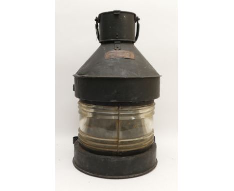 A large ship's masthead lamp with ribbed fresnel lens, H-59cm.