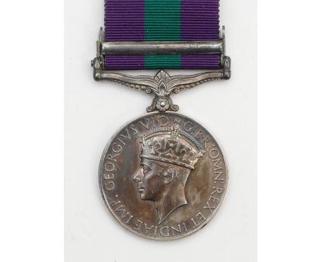 A George VI G.S.M clasped S. E. Asia 1945-46, presented to 14085908 PTE. R. Evans. R. Lincolns, boxed.